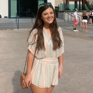Urban Outfitters Striped V-Neck Romper in Cream with Blue & Coral Stripes